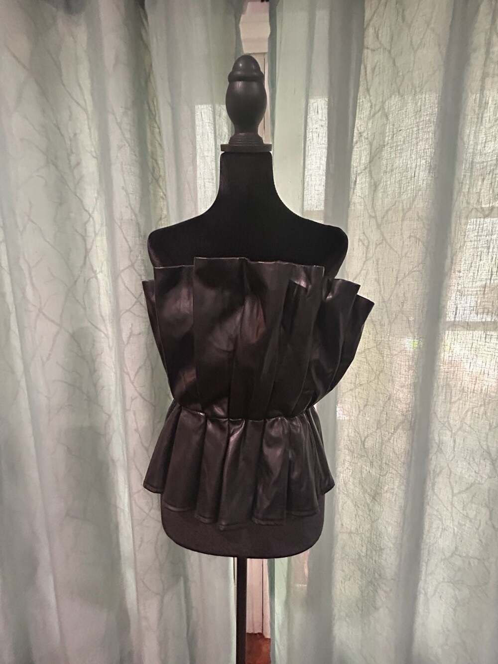 BuddyLove Black Faux Leather Strapless Pleated Peplum Top